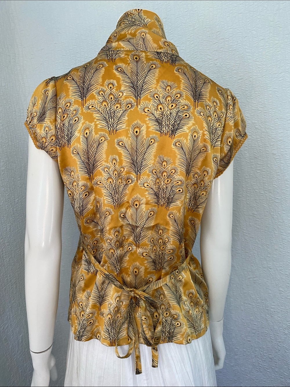 Free People Mustard Yellow Peacock-Print Tie-Neck Silk Blouse - Picture 3 of 13